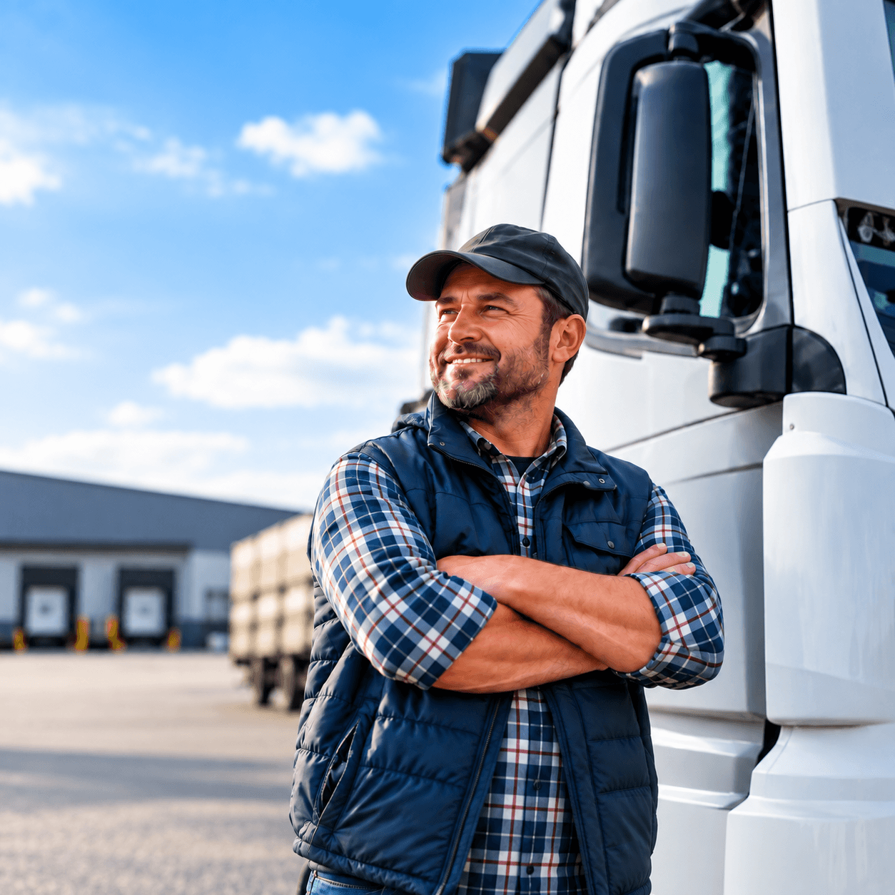 Illustrative HGV driver checking an articulated vehicle