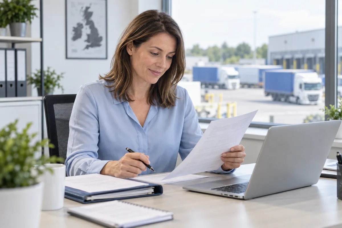 Illustrative freight coordinator reviewing delivery paperwork