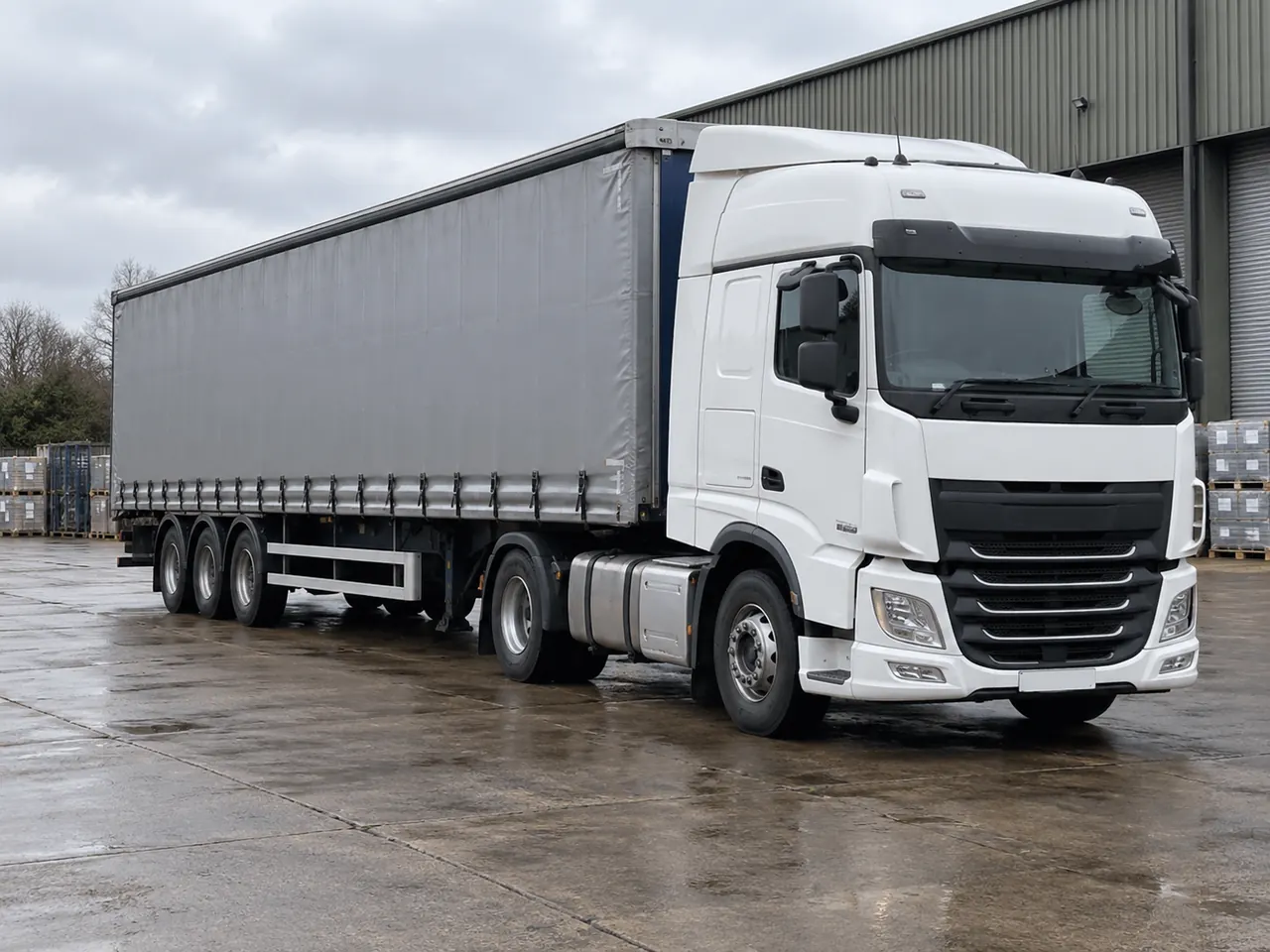 Illustration of a curtainsider HGV parked in a logistics yard
