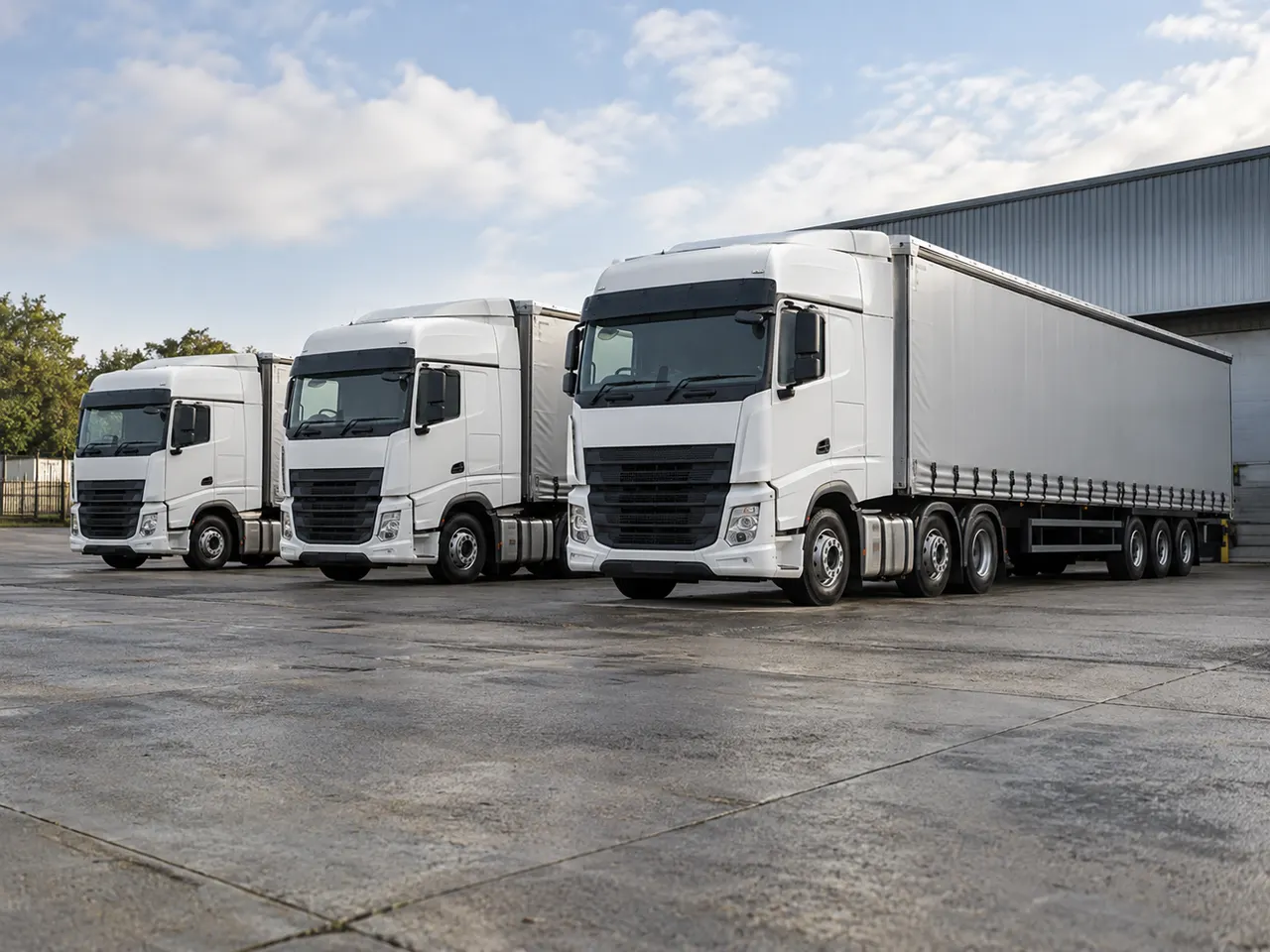 Illustration of curtainsider HGVs parked in a haulage yard