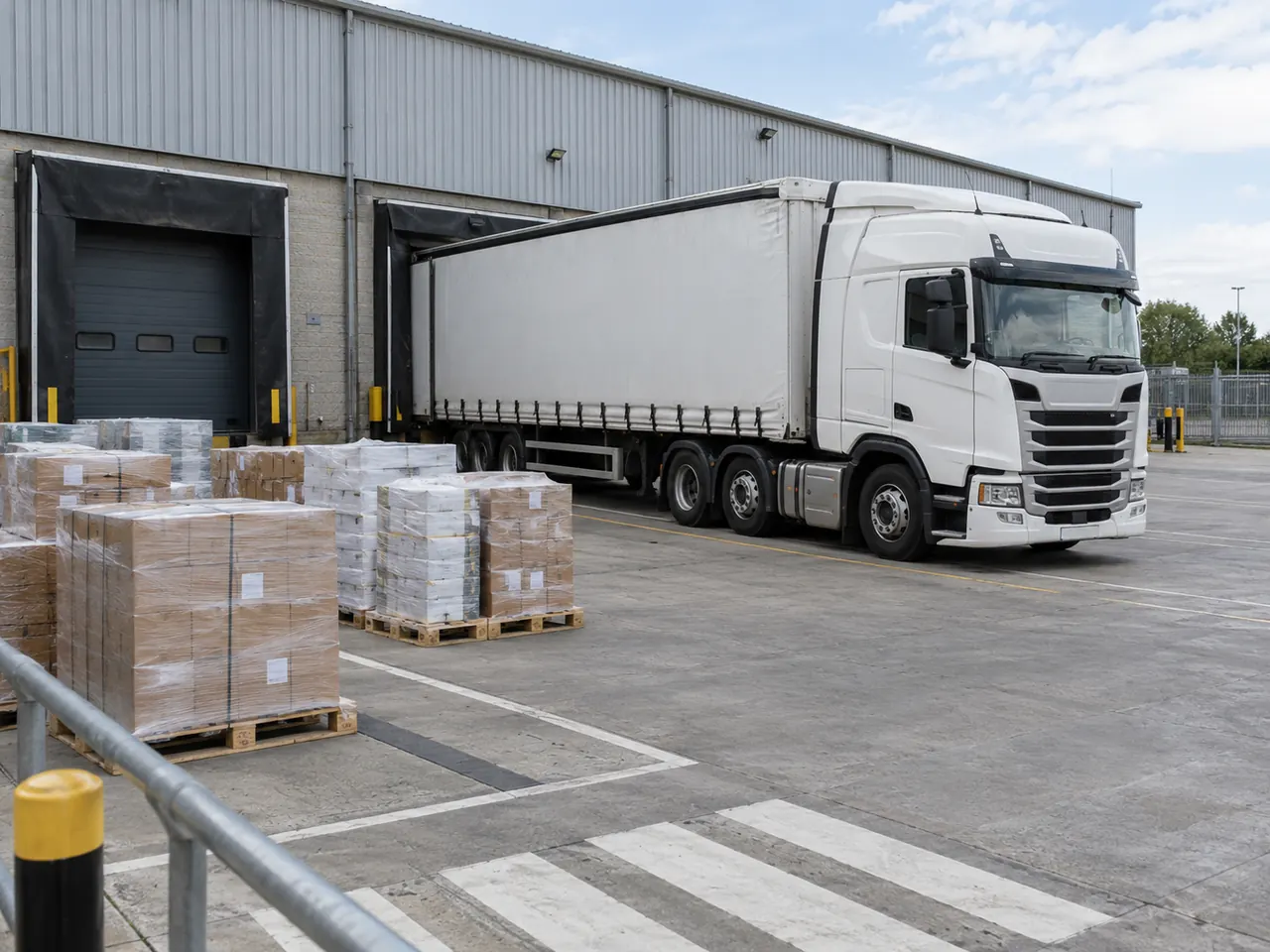 Illustration of palletised freight and an HGV at a loading bay