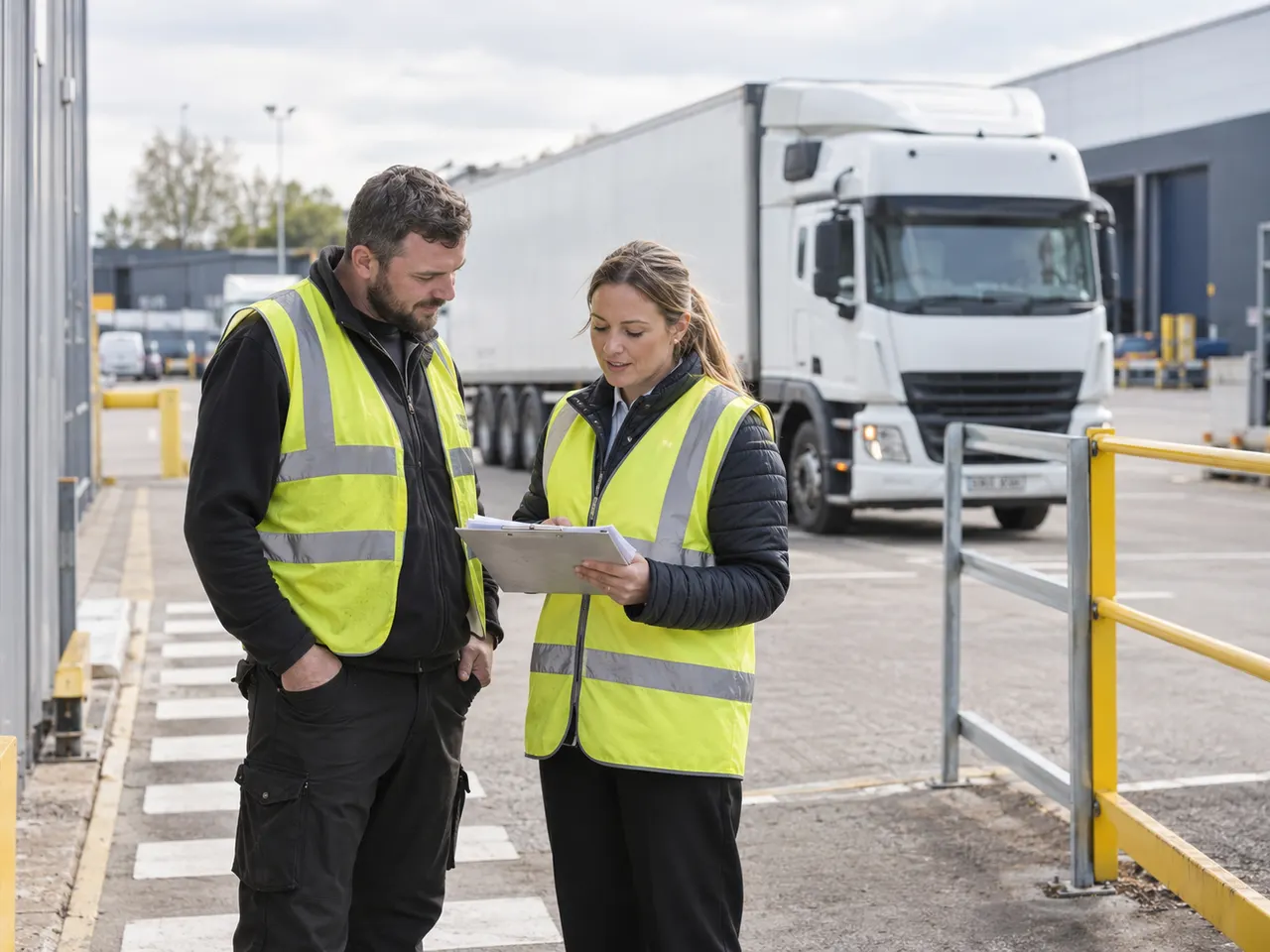 Illustration of a driver and dispatch coordinator reviewing collection paperwork