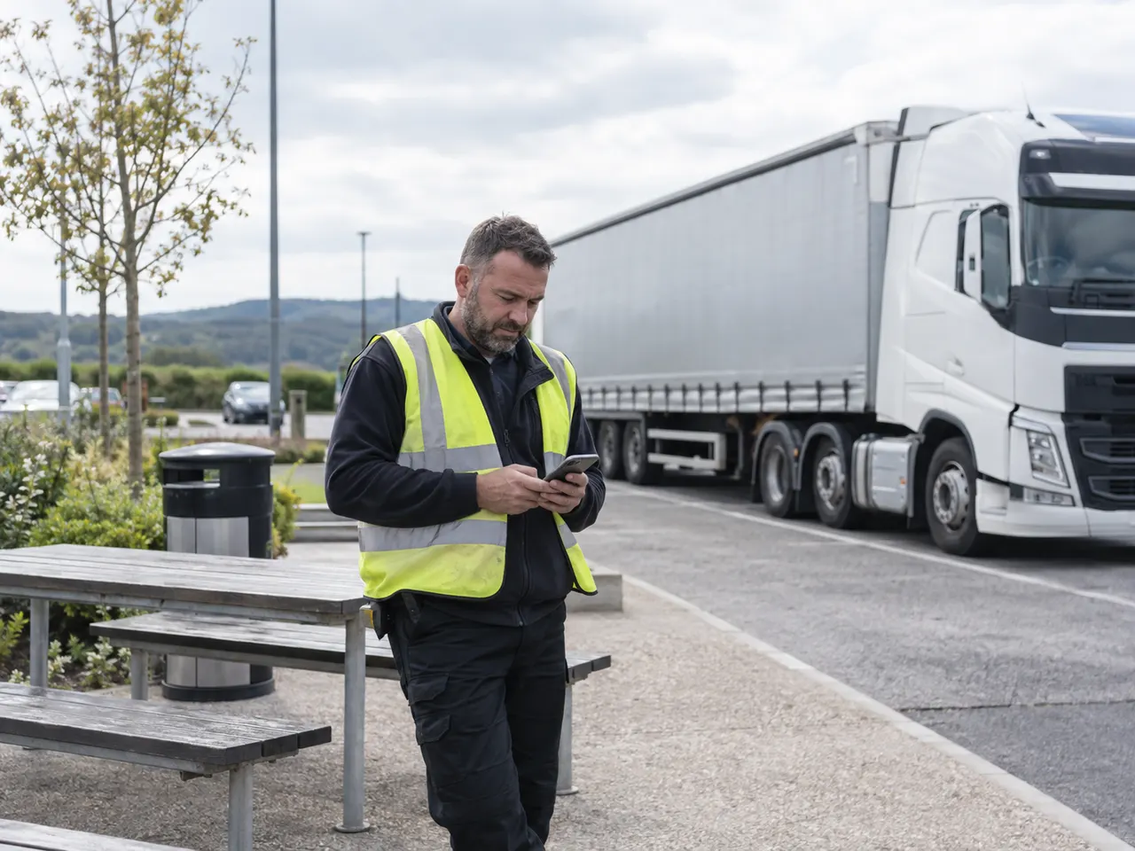 Illustration of an owner driver checking a phone beside a parked HGV