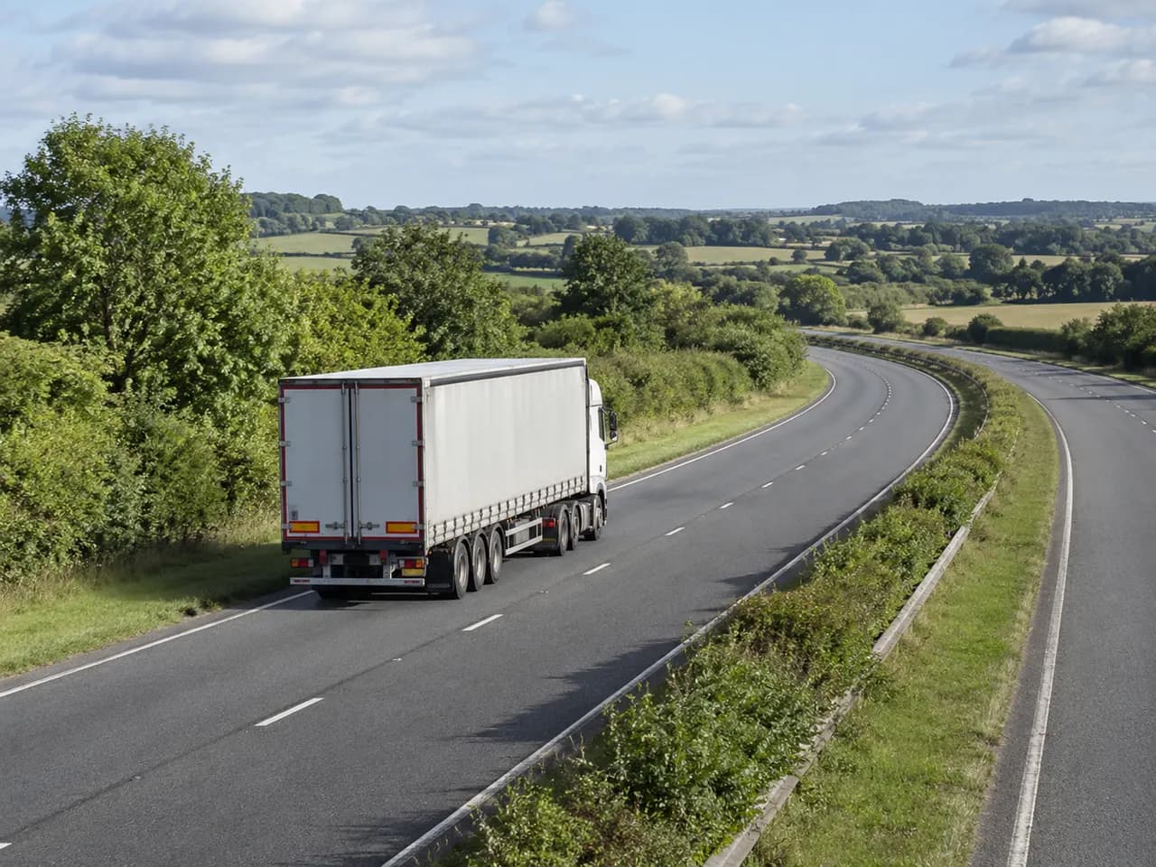 Illustration of a curtainsider HGV travelling on a British road